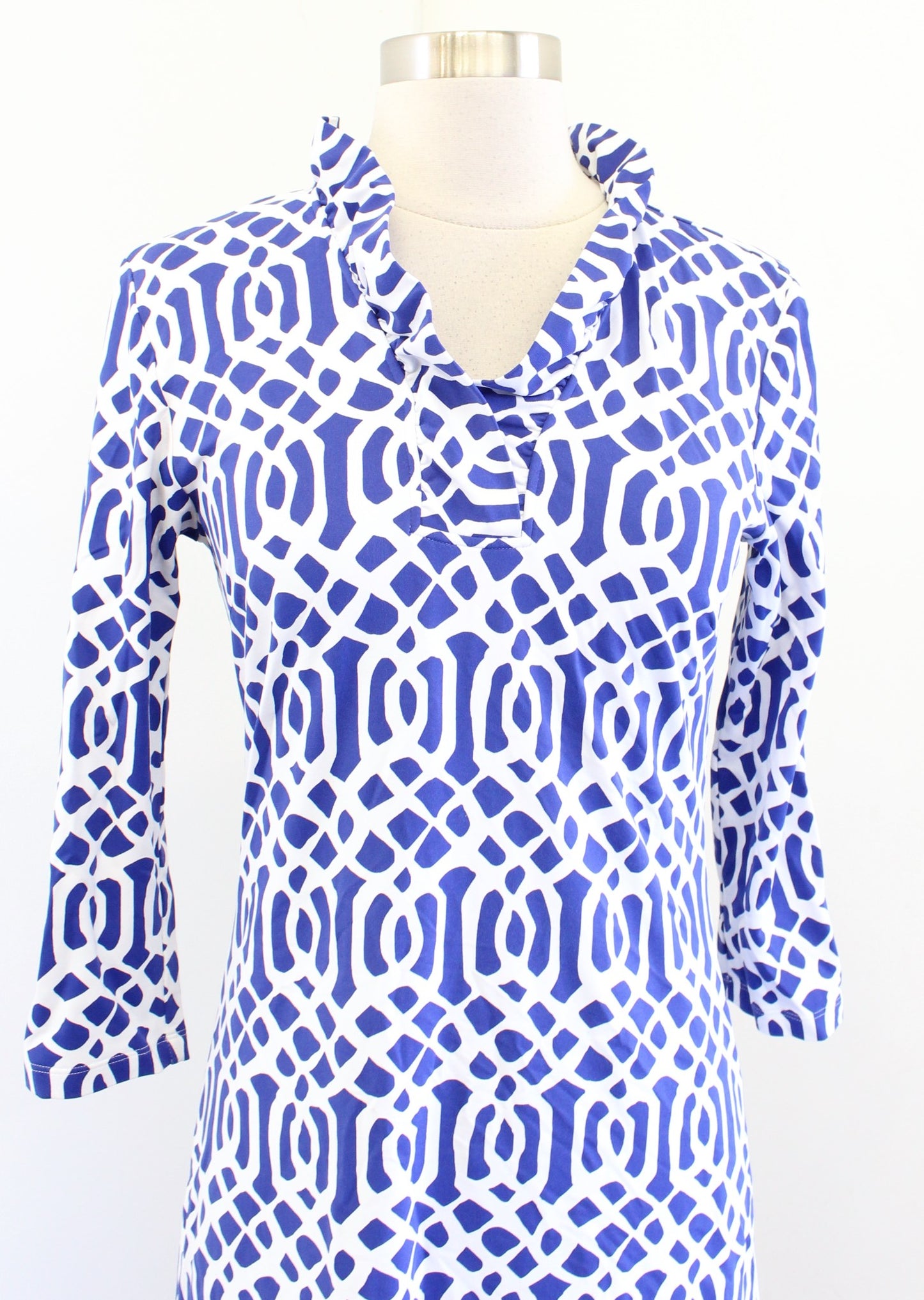 J McLaughlin Durham Blue White Geometric Ruffle Neck Catalina Cloth Dress Sz XS