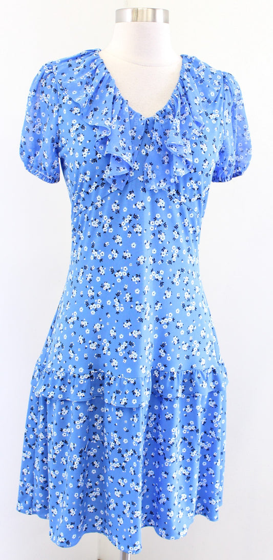 Karl Lagerfeld Blue Ditsy Floral Ruffle Flutter Jersey Dress Size 2 Flounce Hem