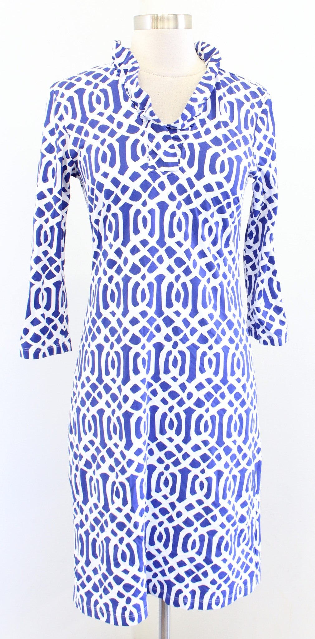 J McLaughlin Durham Blue White Geometric Ruffle Neck Catalina Cloth Dress Sz XS