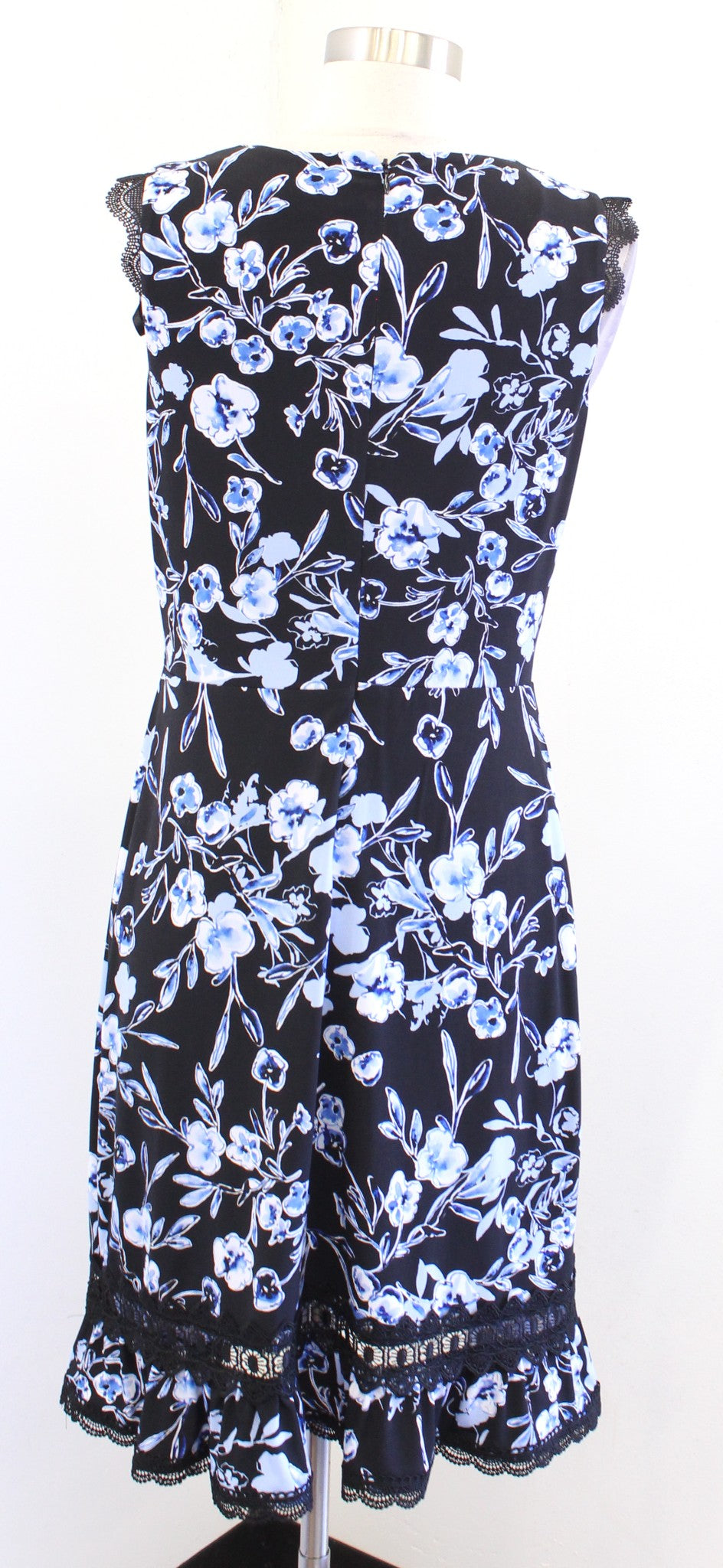 Karl Lagerfeld Black Blue Floral Print Ruffle Flounce Sheath Dress Size 4 Lace