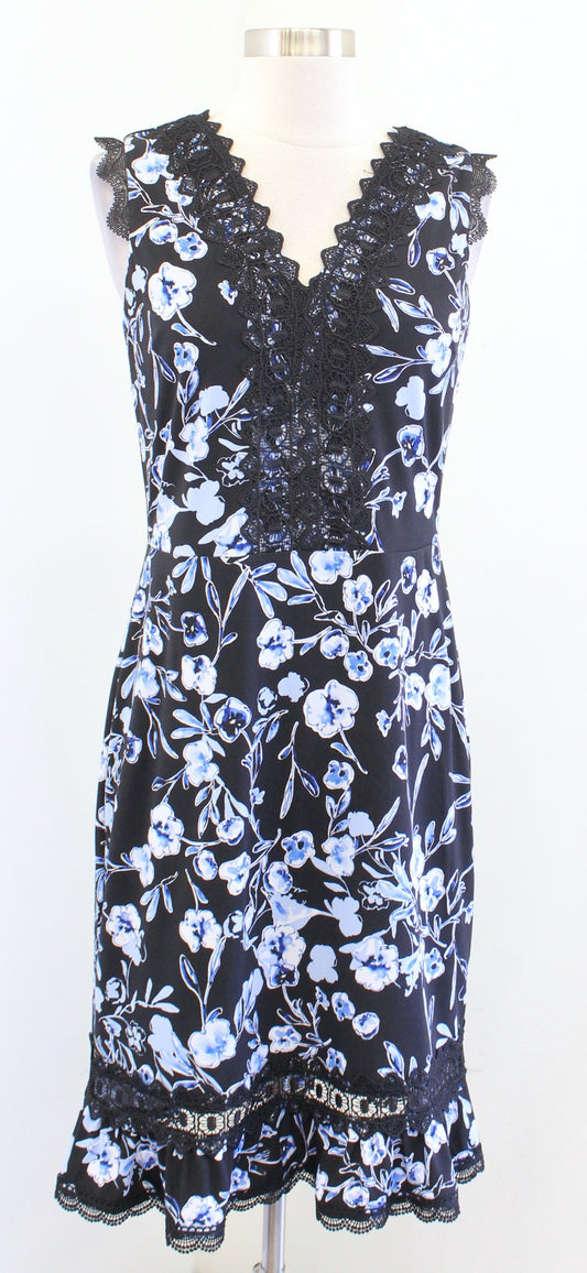 Karl Lagerfeld Black Blue Floral Print Ruffle Flounce Sheath Dress Size 4 Lace