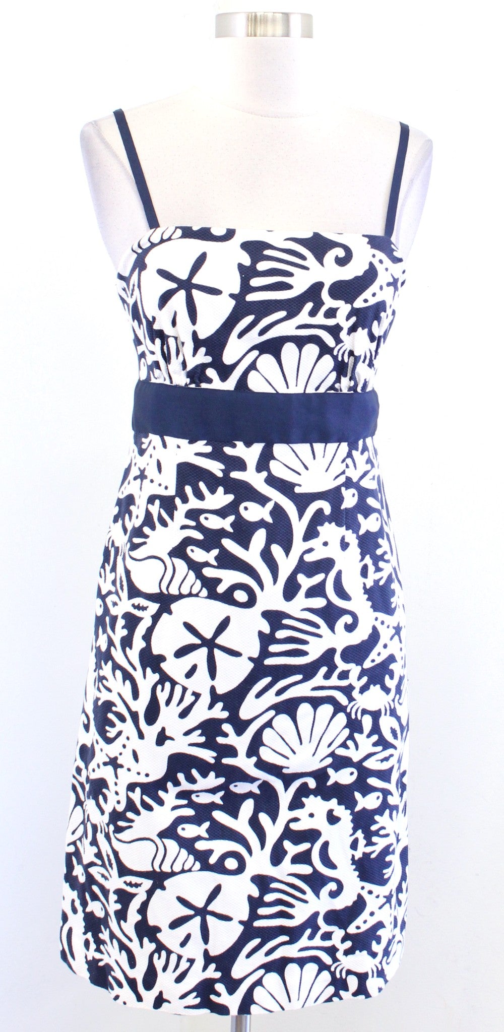 Vineyard Vines Navy Blue Nautical Fish Seashell Coral Print Sheath Dress Size 4