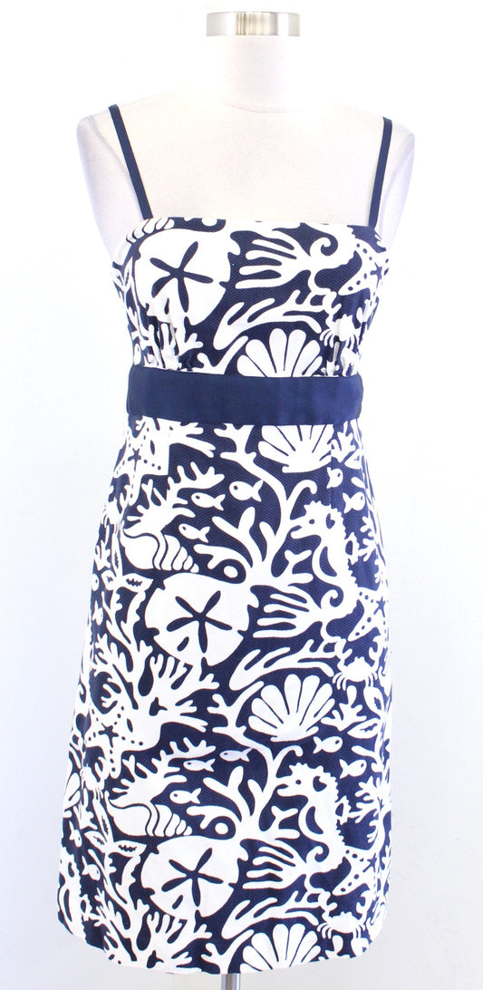 Vineyard Vines Navy Blue Nautical Fish Seashell Coral Print Sheath Dress Size 4