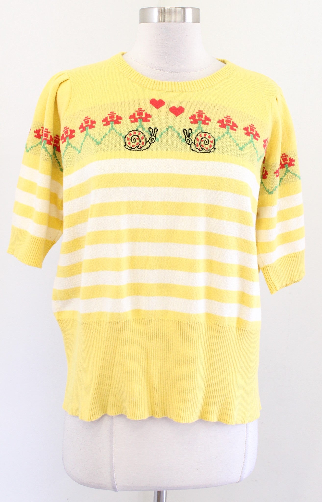 Modcloth Yellow Striped Floral Snail Print Short Sleeve Sweater Top Size 1X