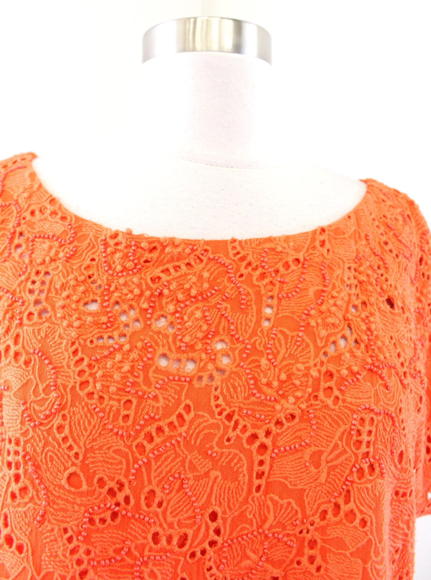Maeve Anthropologie Karine Orange Floral Embroidered Beaded Lace Top Blouse Sz 8 Short Sleeve