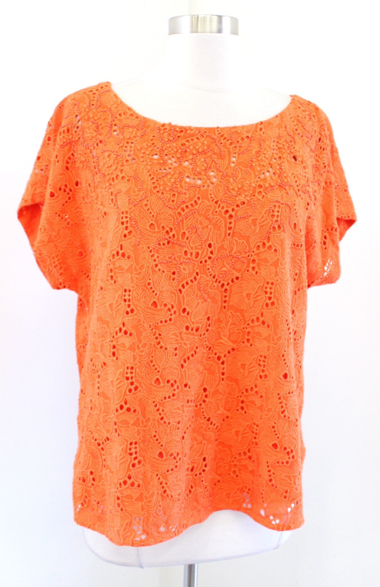 Maeve Anthropologie Karine Orange Floral Embroidered Beaded Lace Top Blouse Sz 8 Short Sleeve