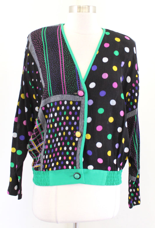 Vtg 90s Black Colorful Polka Dot Color Block Blouse / Cardigan Jacket S Retro