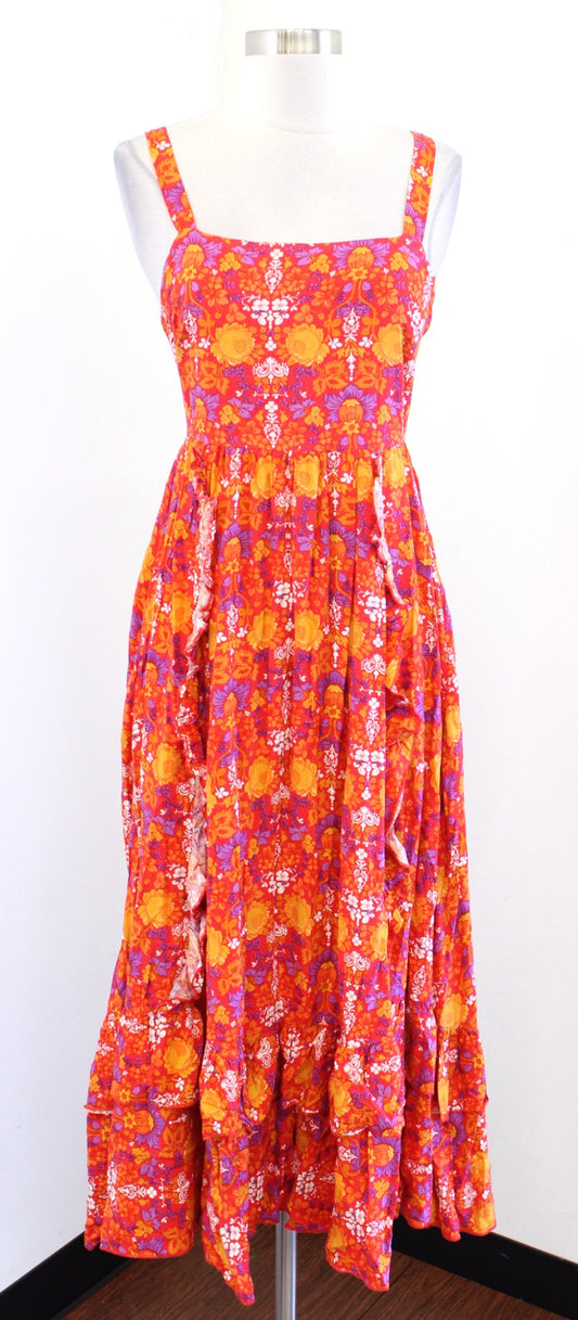 Abel the Label Red Orange Floral Print Tie Back Tiered Ruffle Maxi Dress Size XS