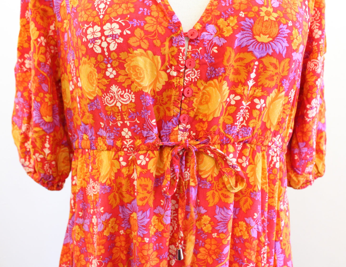 Abel the Label Red Orange Yellow Floral Print Tiered Peasant Dress Midi Maxi S