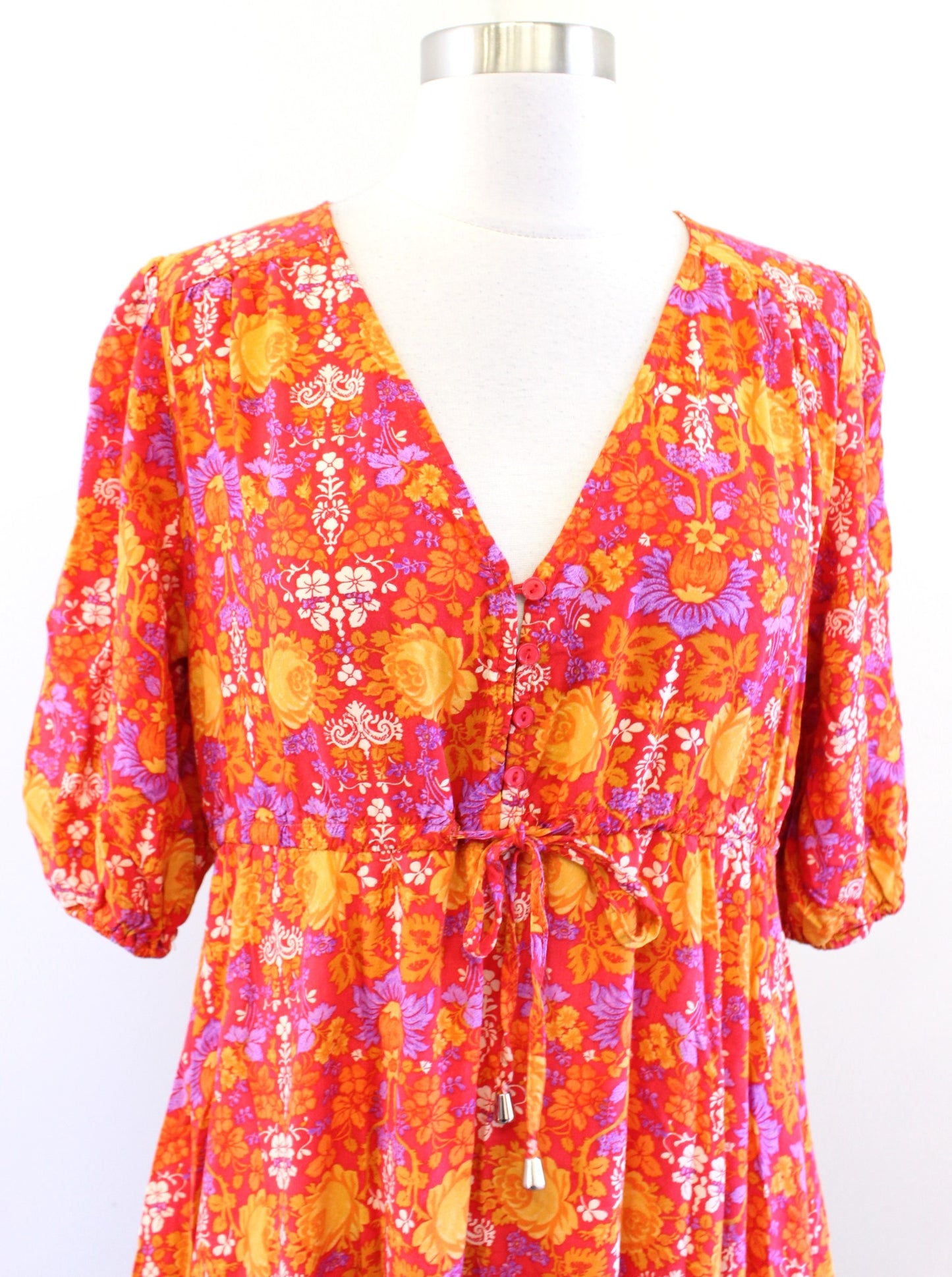 Abel the Label Red Orange Yellow Floral Print Tiered Peasant Dress Midi Maxi S