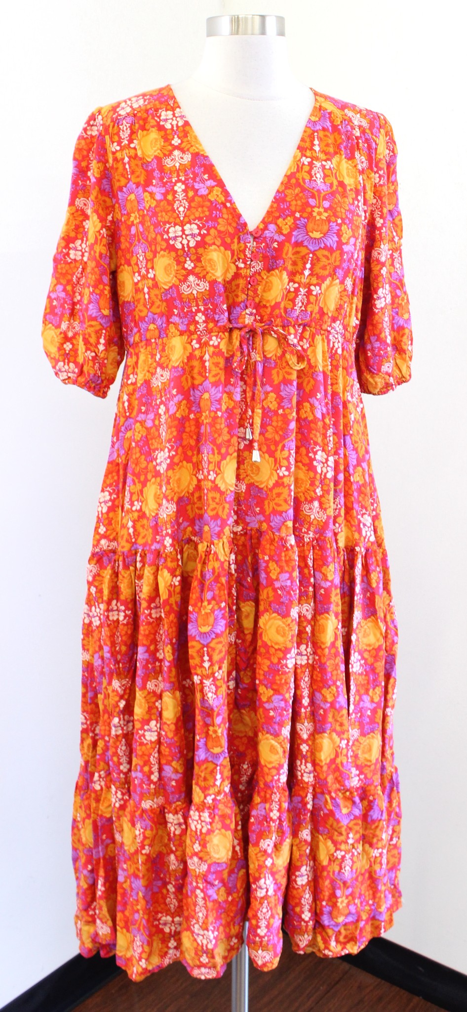 Abel the Label Red Orange Yellow Floral Print Tiered Peasant Dress Midi Maxi S