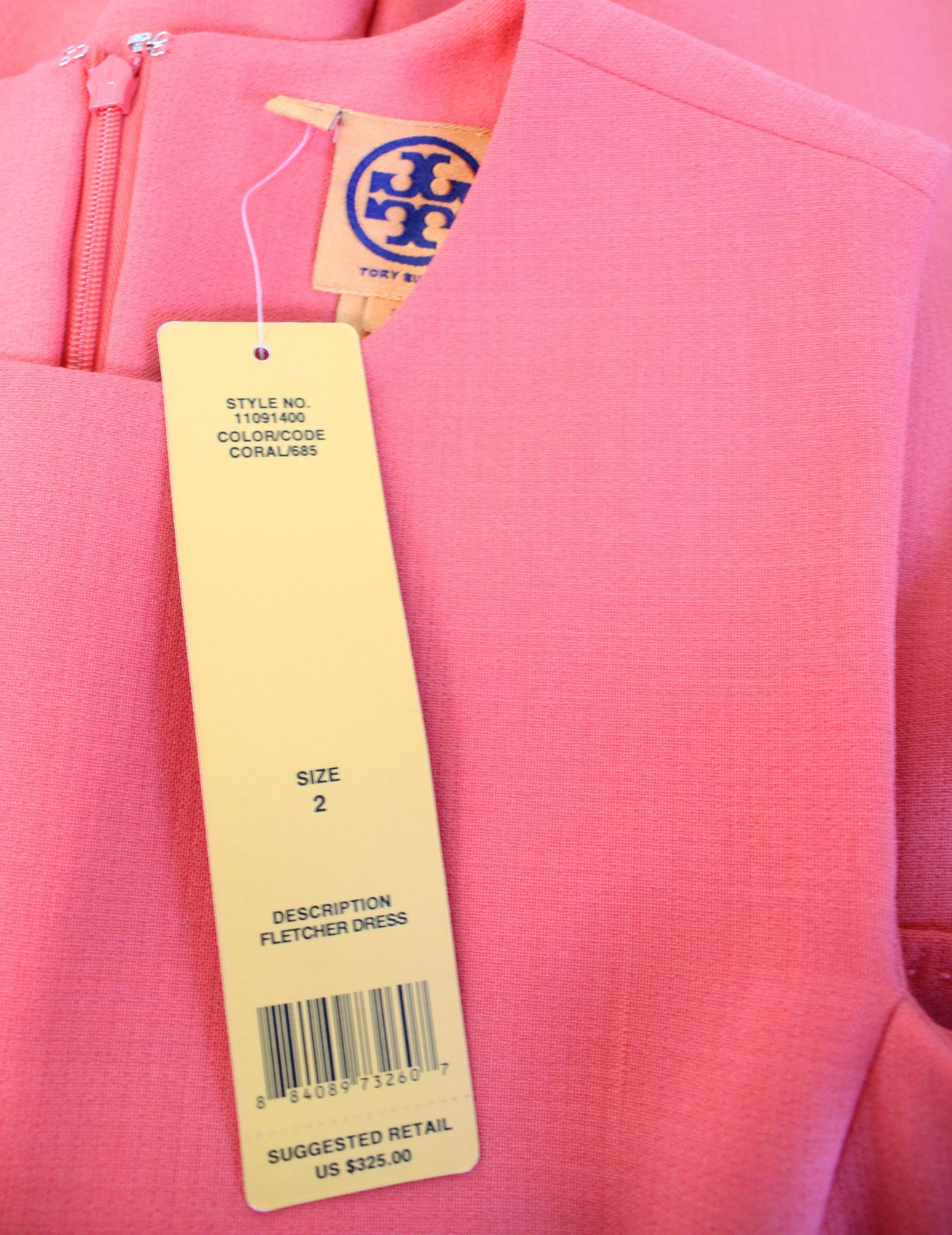 NWT $325 Tory Burch Solid Coral Fletcher Sheath Dress Size 2 Sleeveless Wool