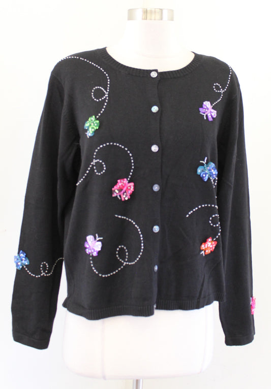Jack B Quick Black Butterfly 3D Embellished Cardigan Sweater Size M Sequin Tulle