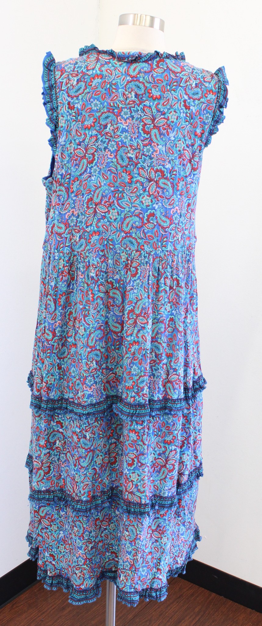 J Jill Coastal Ruffles Paisley Print Tiered Midi Maxi Dress Size L Blue Red