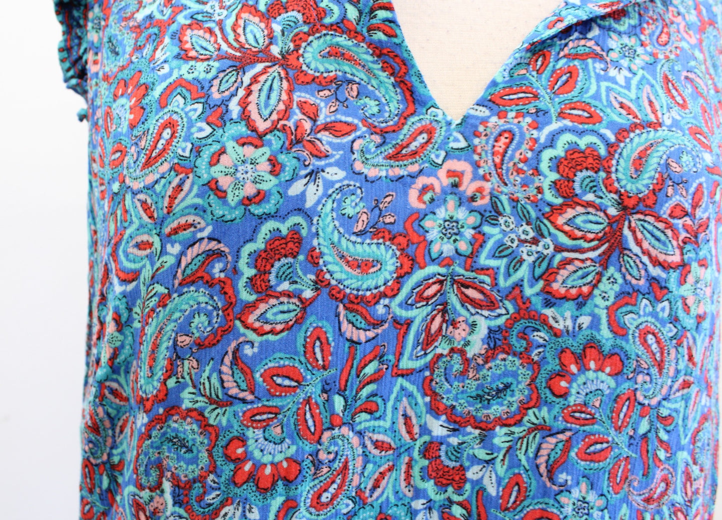 J Jill Coastal Ruffles Paisley Print Tiered Midi Maxi Dress Size L Blue Red