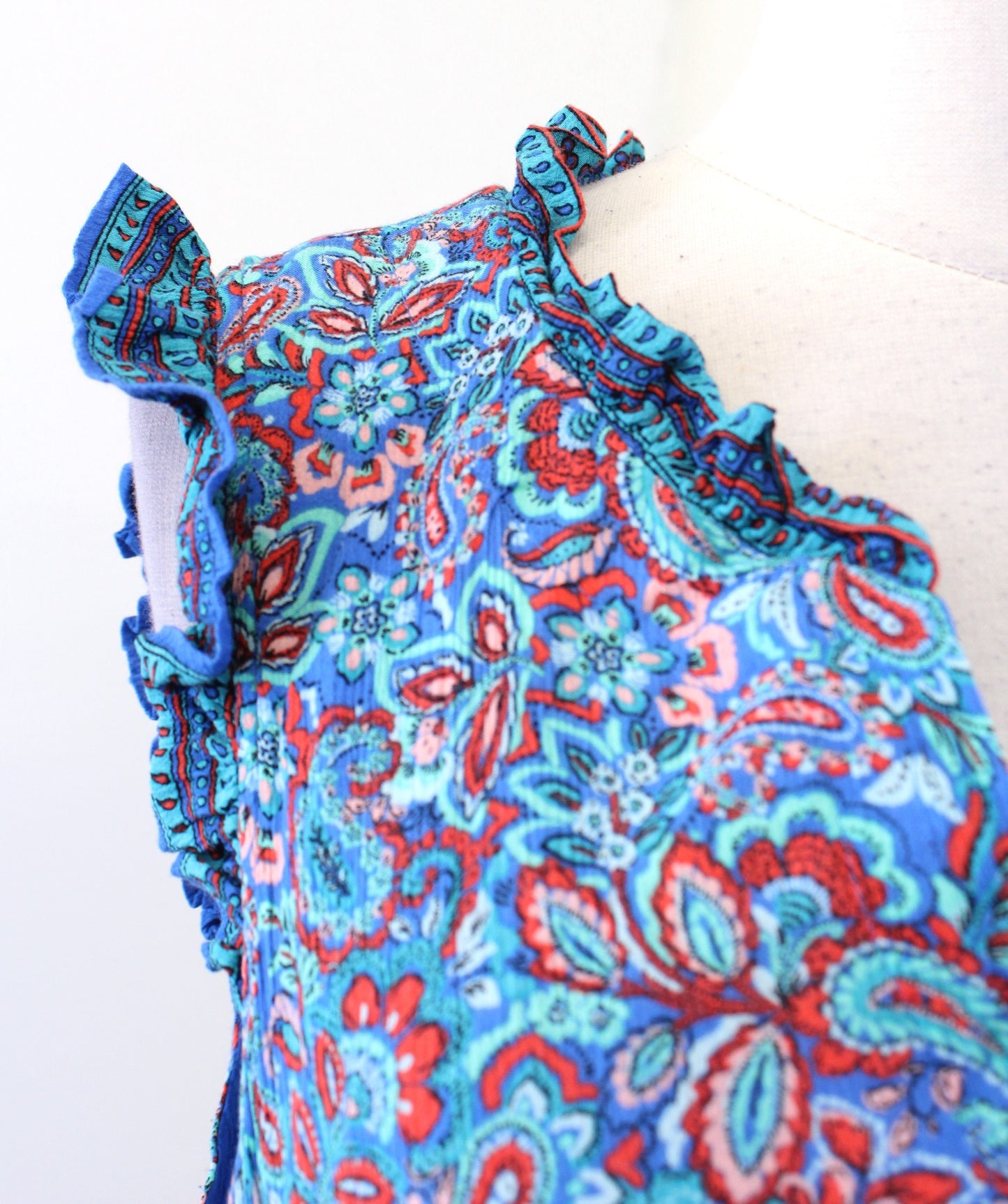 J Jill Coastal Ruffles Paisley Print Tiered Midi Maxi Dress Size L Blue Red