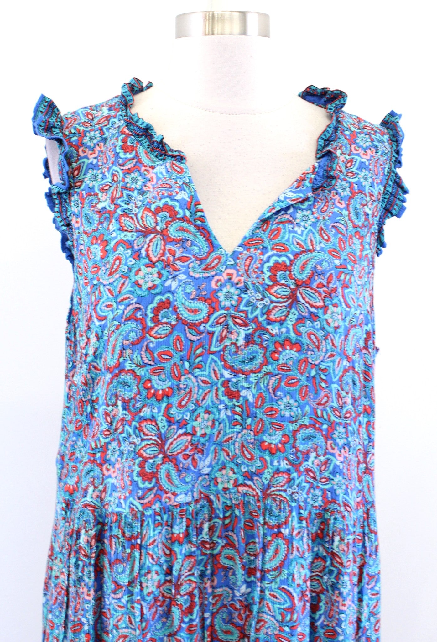 J Jill Coastal Ruffles Paisley Print Tiered Midi Maxi Dress Size L Blue Red