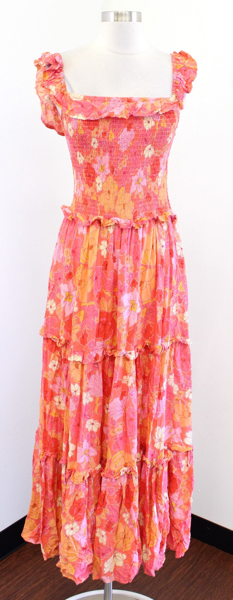 Abel the Label Floral Print Smocked Off / On Shoulder Tiered Maxi Dress Size S