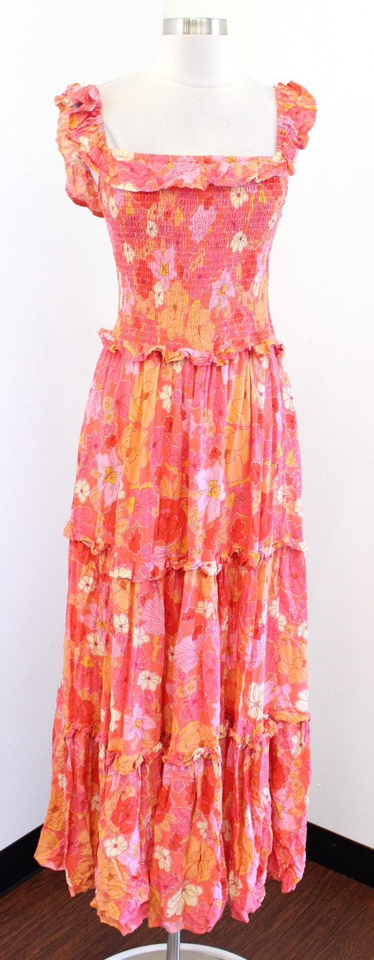 Abel the Label Floral Print Smocked Off / On Shoulder Tiered Maxi Dress Size S
