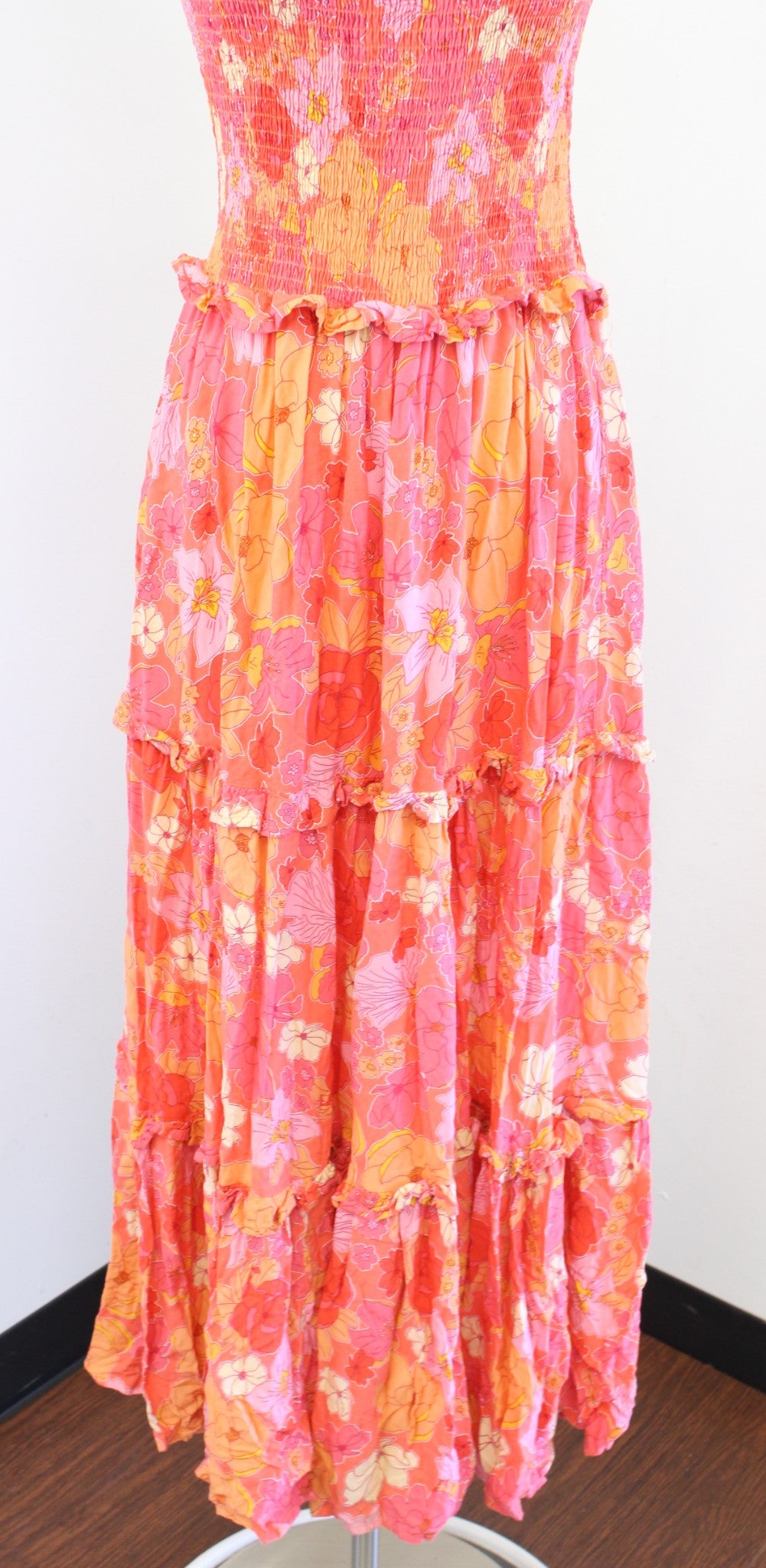 Abel the Label Floral Print Smocked Off / On Shoulder Tiered Maxi Dress Size S