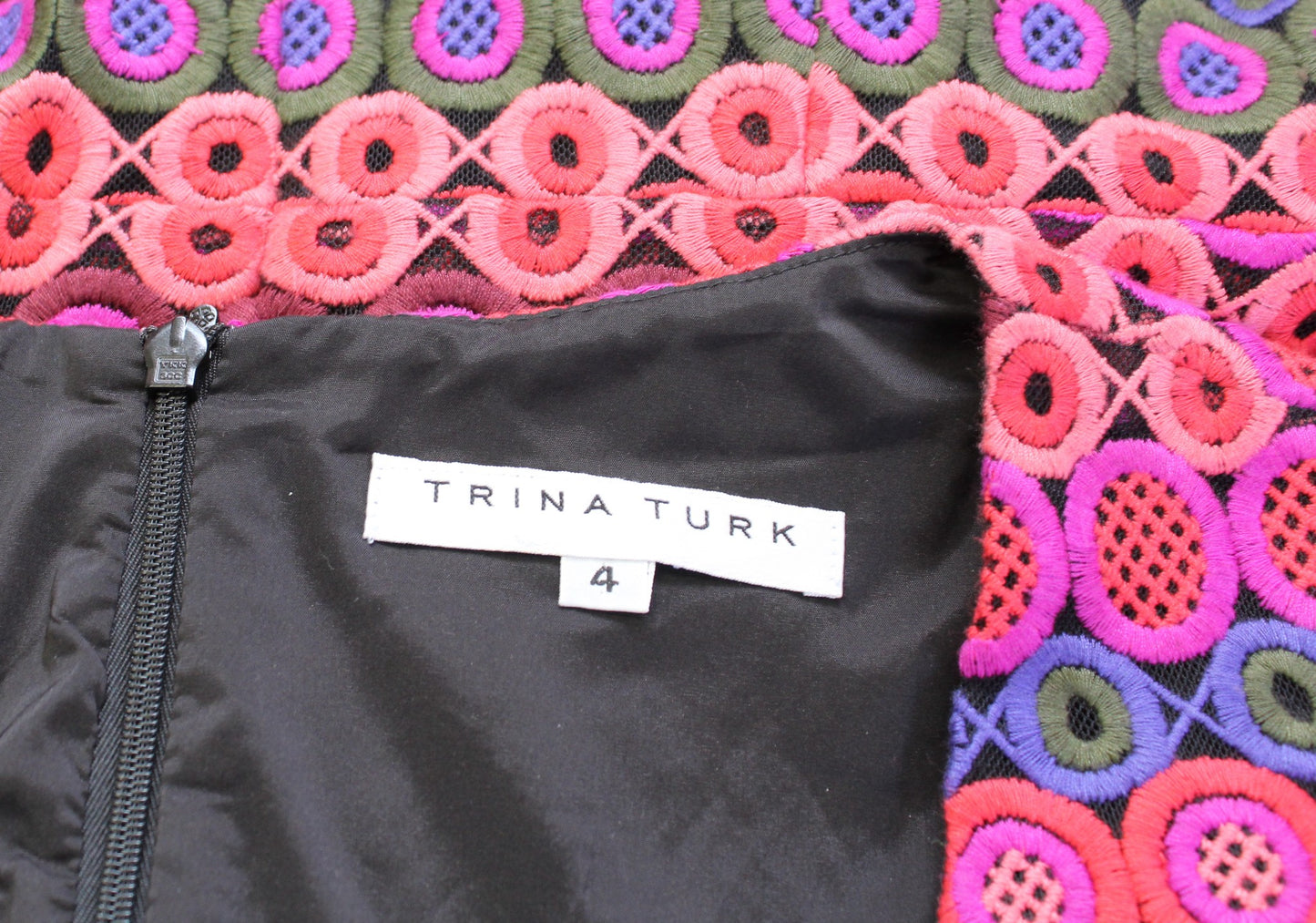 Trina Turk Pink Colorful Embroidered Crochet Look V Neck Sheath Dress Size 4