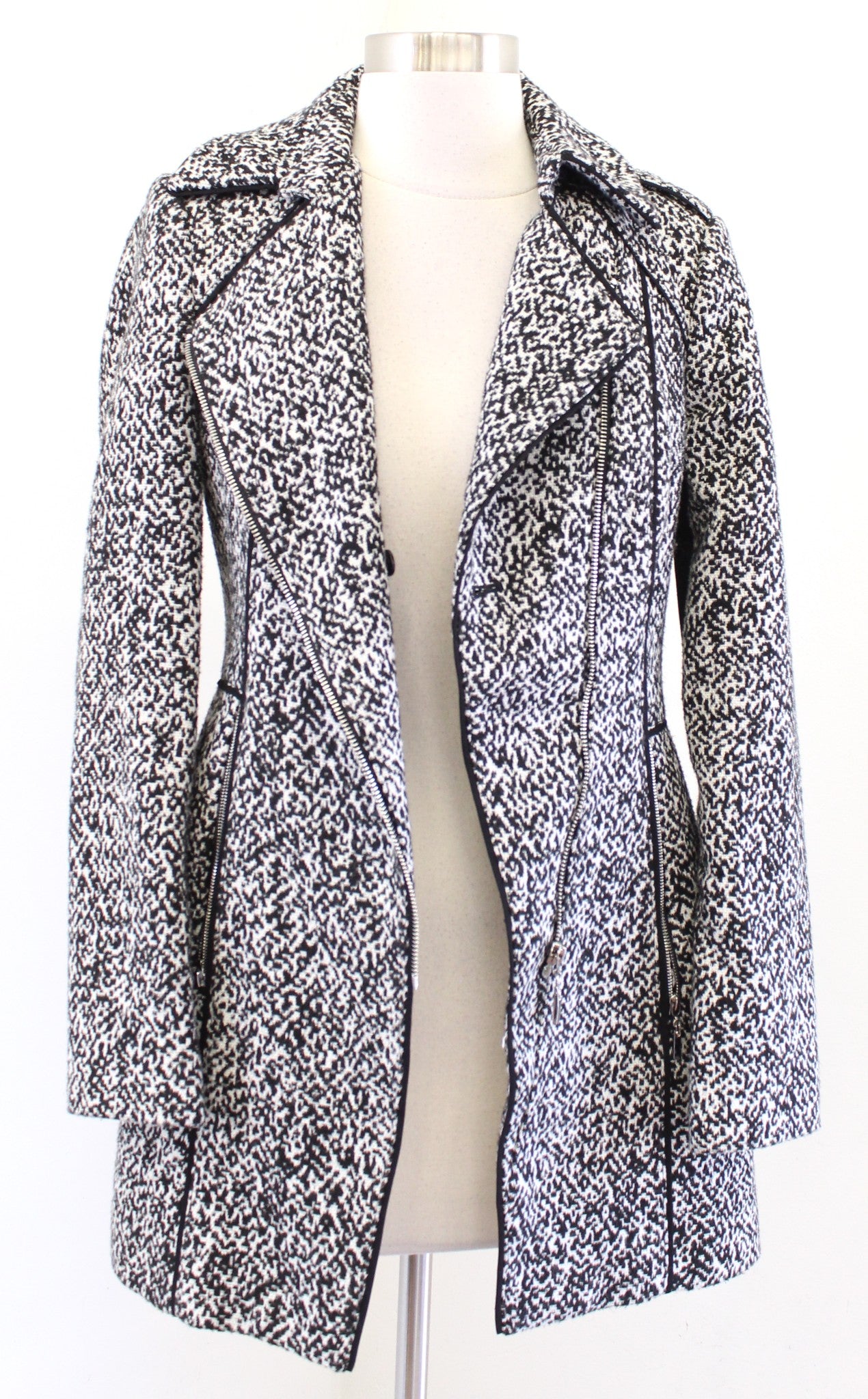 White House Black Market Black White Zip Front Moto Jacket Coat Size XXS 2XS