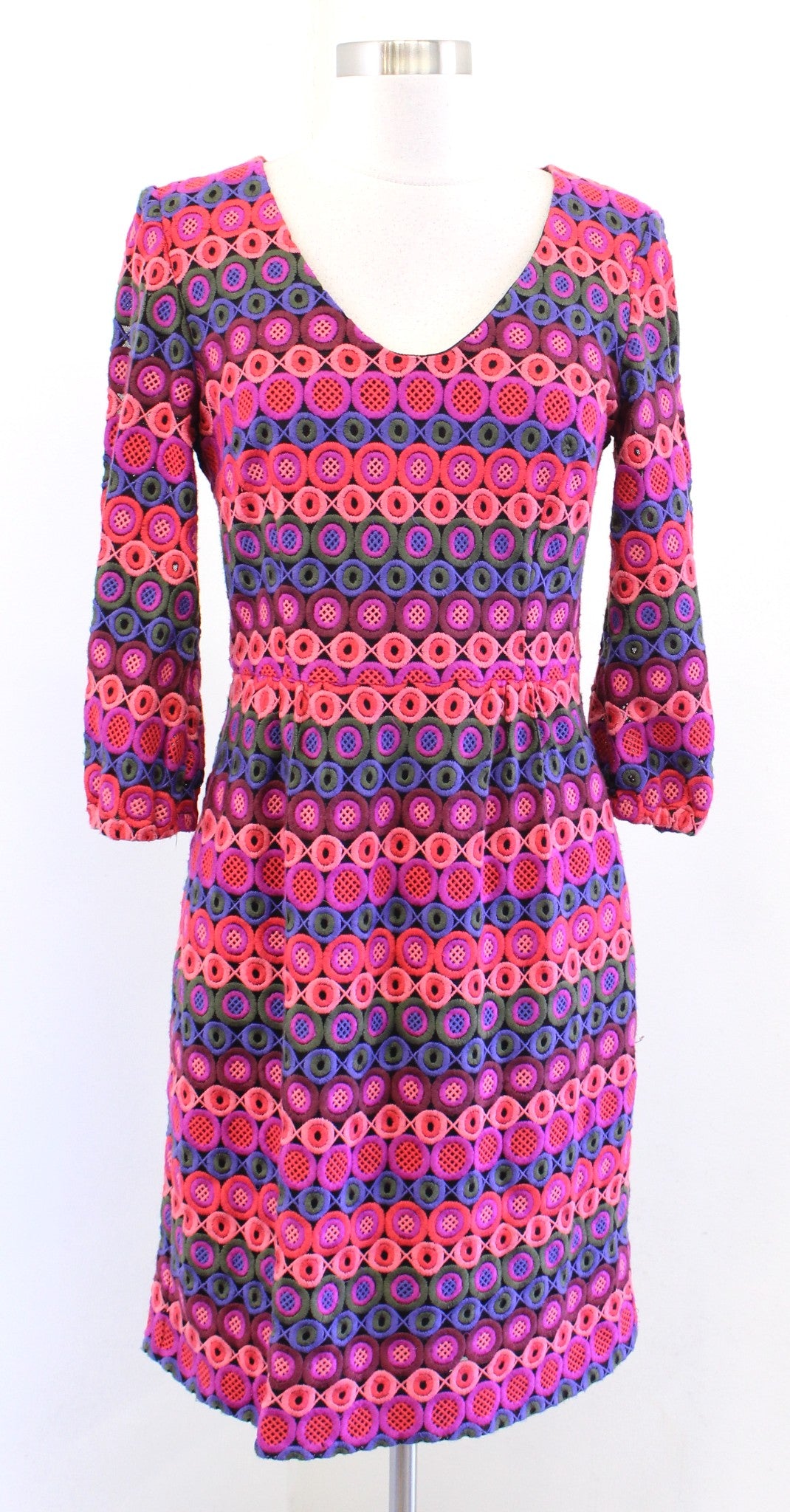 Trina Turk Pink Colorful Embroidered Crochet Look V Neck Sheath Dress Size 4