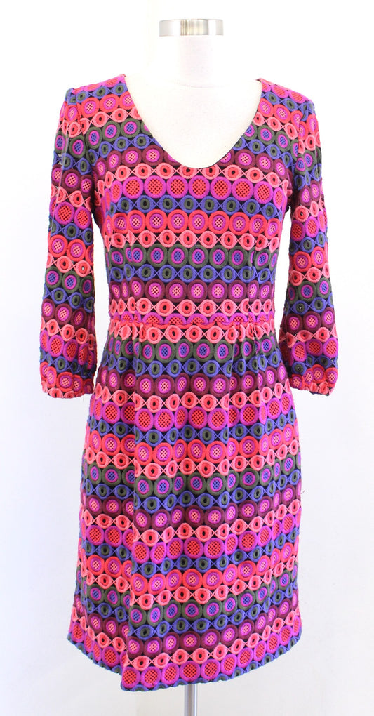 Trina Turk Pink Colorful Embroidered Crochet Look V Neck Sheath Dress Size 4
