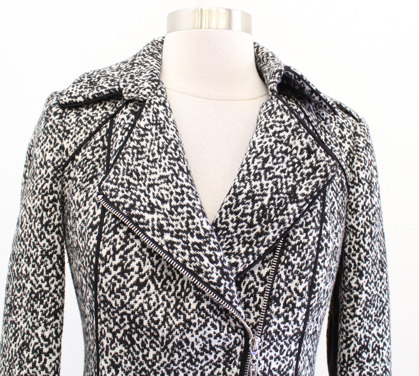 White House Black Market Black White Zip Front Moto Jacket Coat Size XXS 2XS