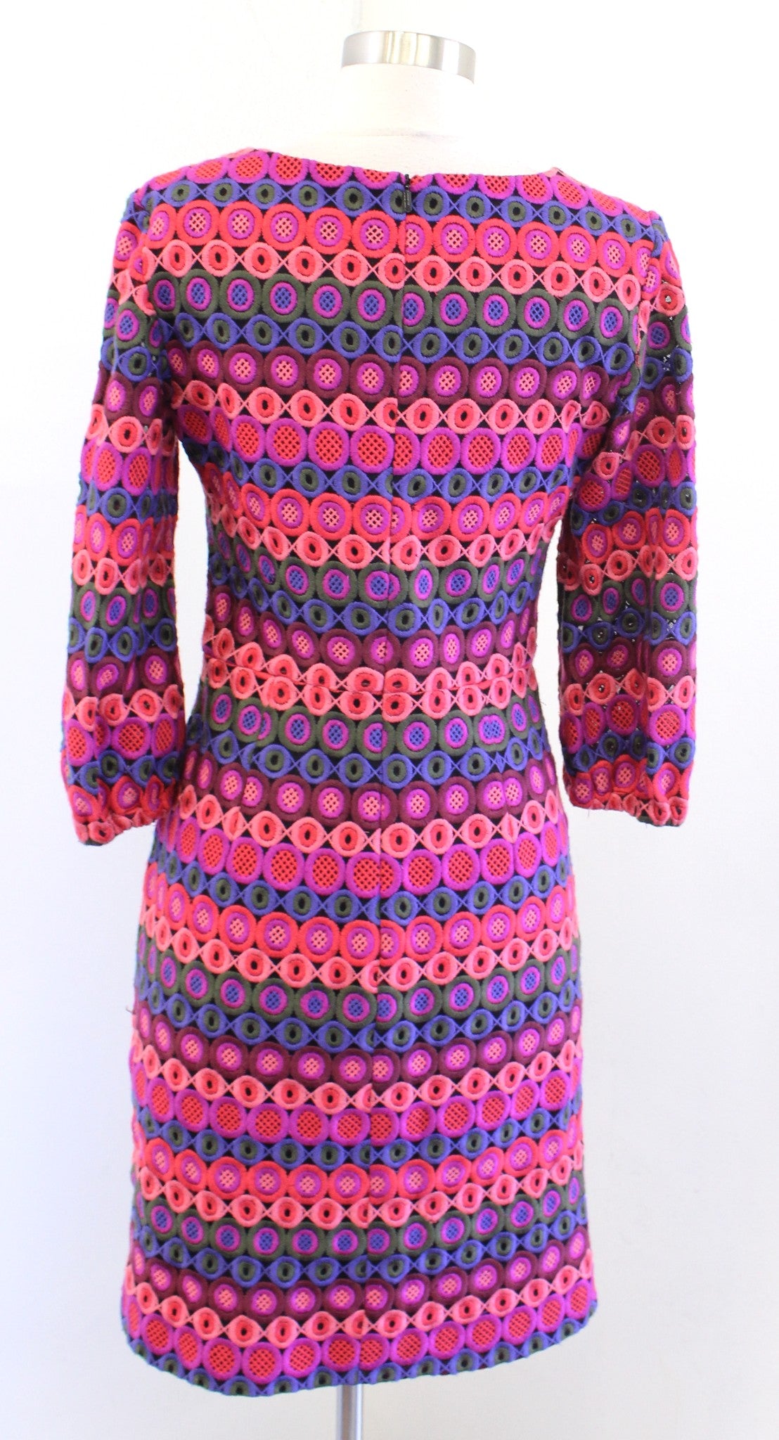 Trina Turk Pink Colorful Embroidered Crochet Look V Neck Sheath Dress Size 4