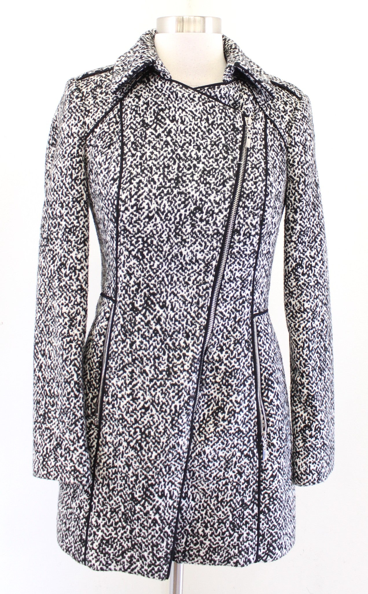 White House Black Market Black White Zip Front Moto Jacket Coat Size XXS 2XS