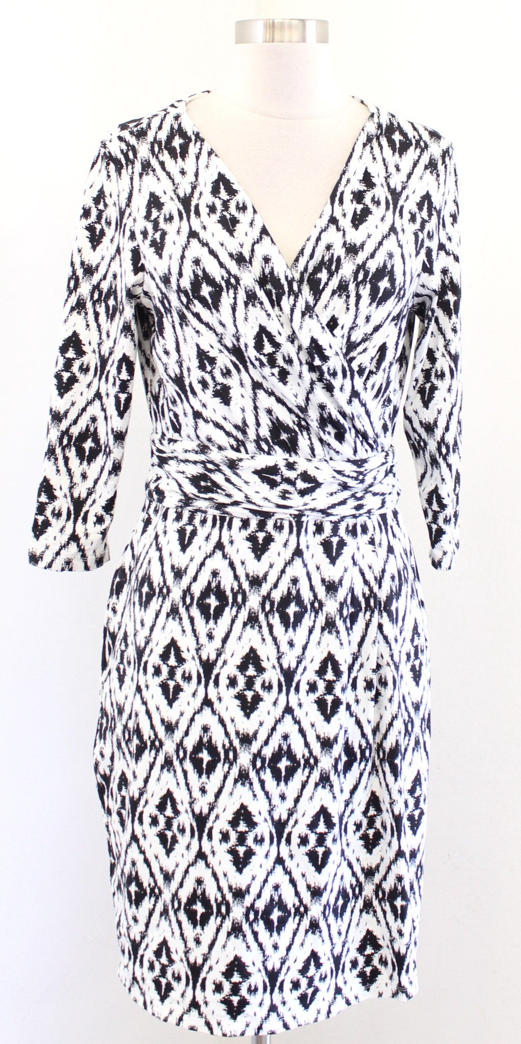 J McLaughlin Black Off White Geometric Ikat Catalina Cloth Faux Wrap Dress Sz M