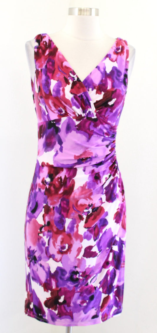 Lauren Ralph Lauren Watercolor Floral Ruched Wiggle Sheath Dress Size 2 Purple