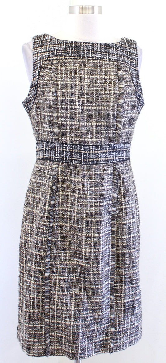 J Crew Pepper Tweed Fringe Sheath Dress Size 8 Career Office Wool Brown Black