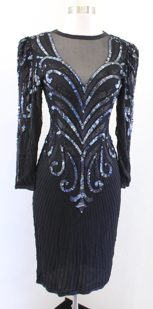 Vtg 80s 90s Black Iridescent Silk Beaded Sequin Cocktail Party Evening Dress 2P