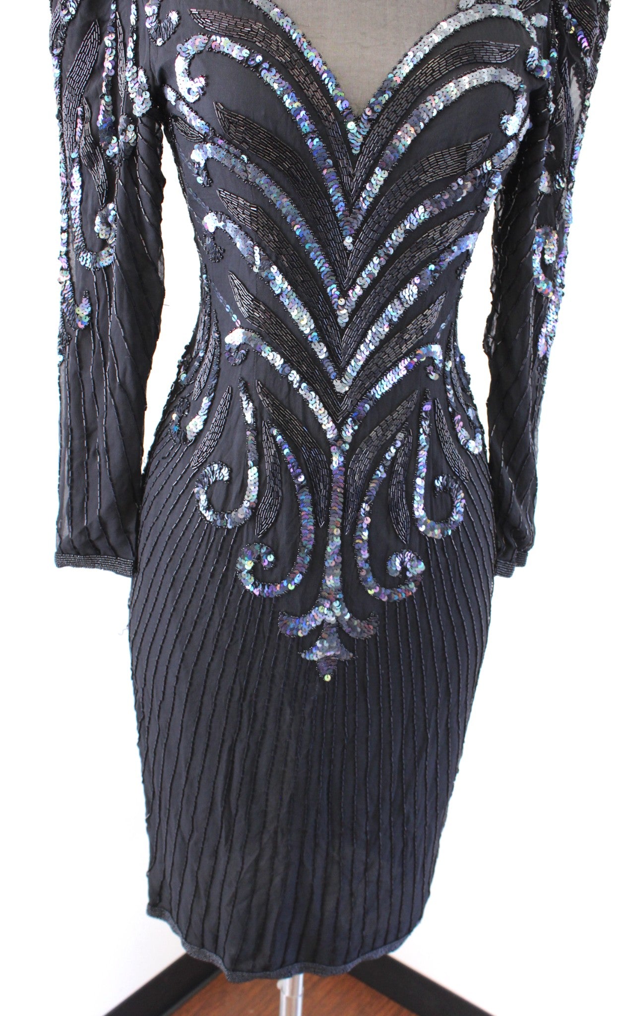 Vtg 80s 90s Black Iridescent Silk Beaded Sequin Cocktail Party Evening Dress 2P