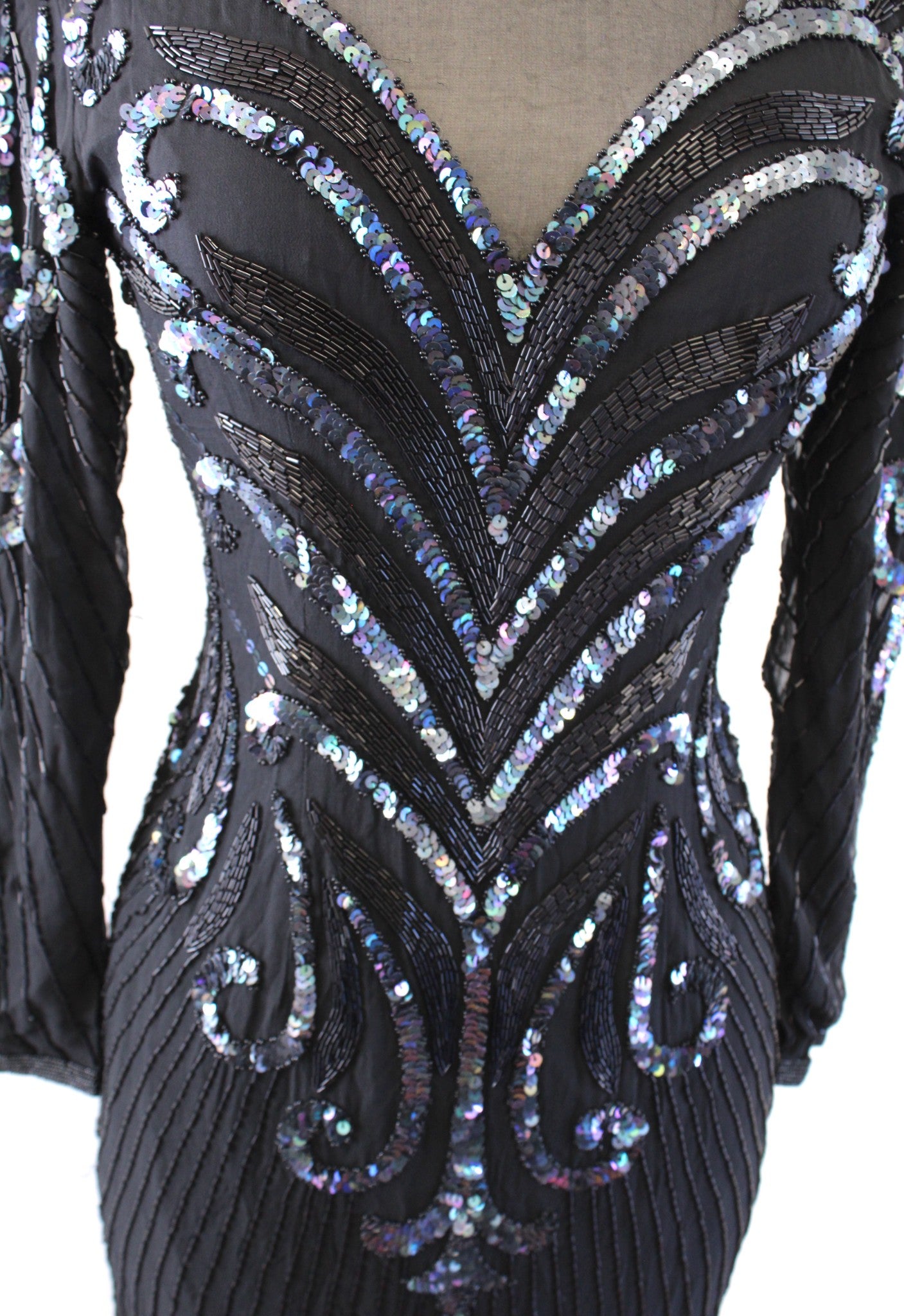 Vtg 80s 90s Black Iridescent Silk Beaded Sequin Cocktail Party Evening Dress 2P