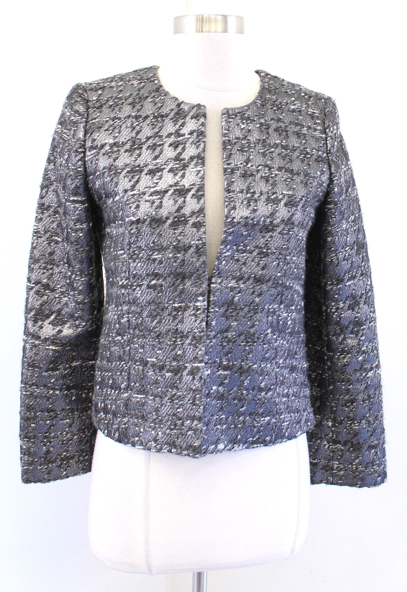 J Crew Collection Gray Silver Metallic Houndstooth Tweed Blazer Jacket Wool Sz 2