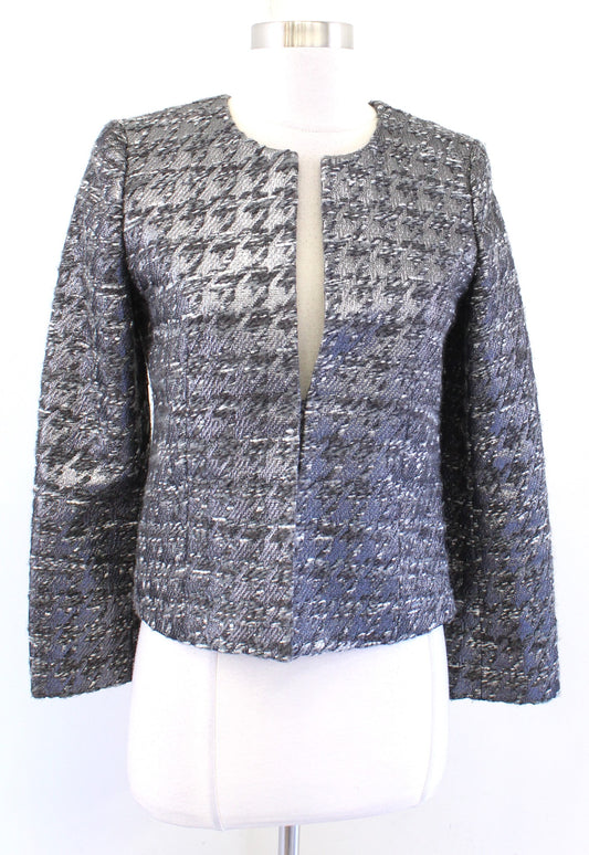 J Crew Collection Gray Silver Metallic Houndstooth Tweed Blazer Jacket Wool Sz 2