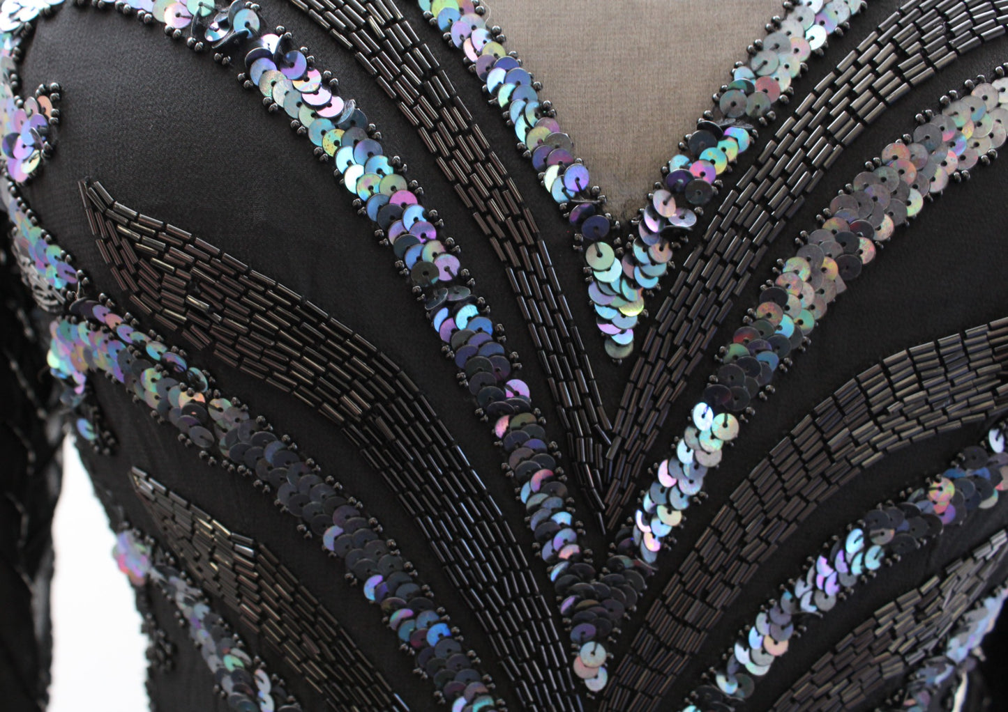 Vtg 80s 90s Black Iridescent Silk Beaded Sequin Cocktail Party Evening Dress 2P