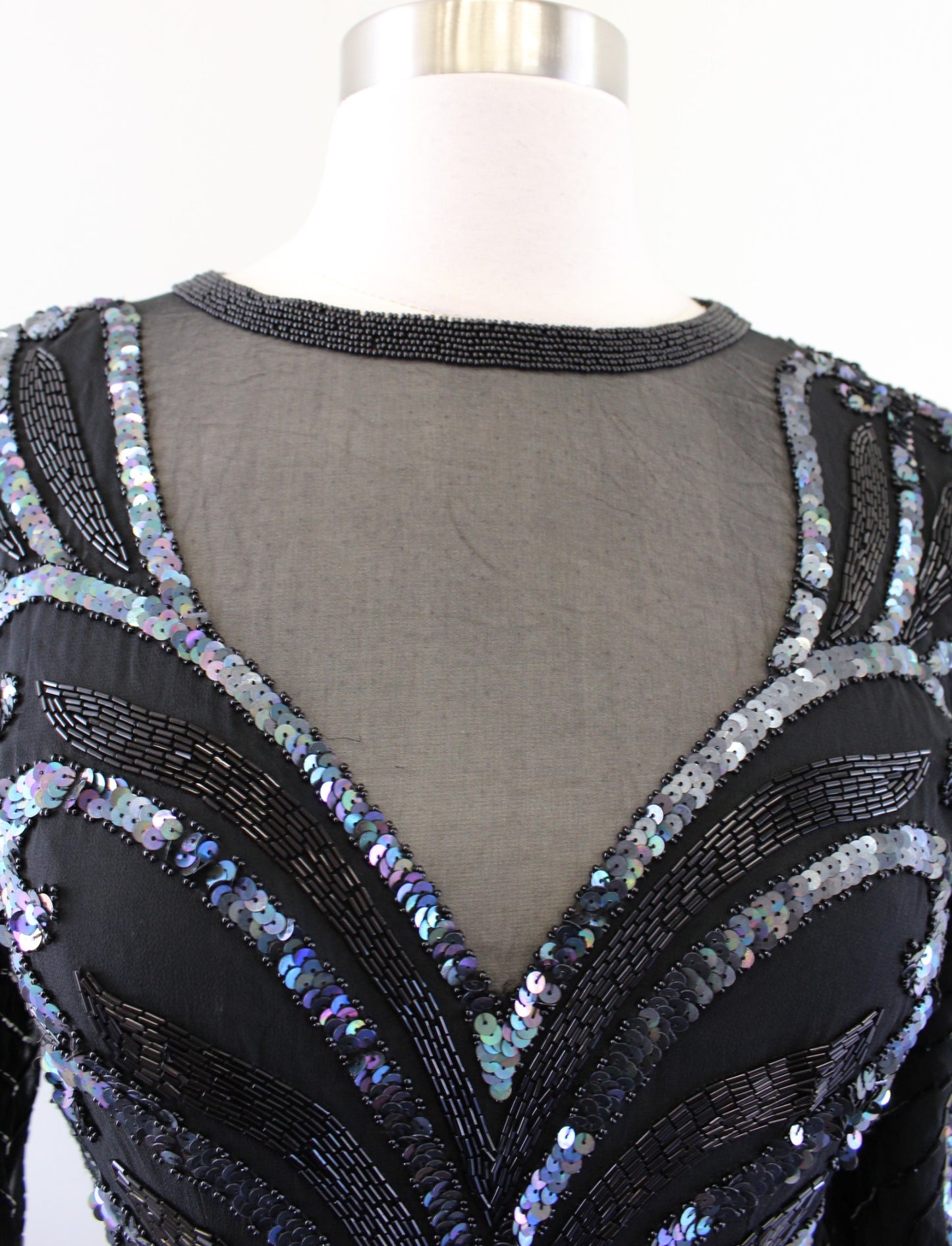 Vtg 80s 90s Black Iridescent Silk Beaded Sequin Cocktail Party Evening Dress 2P