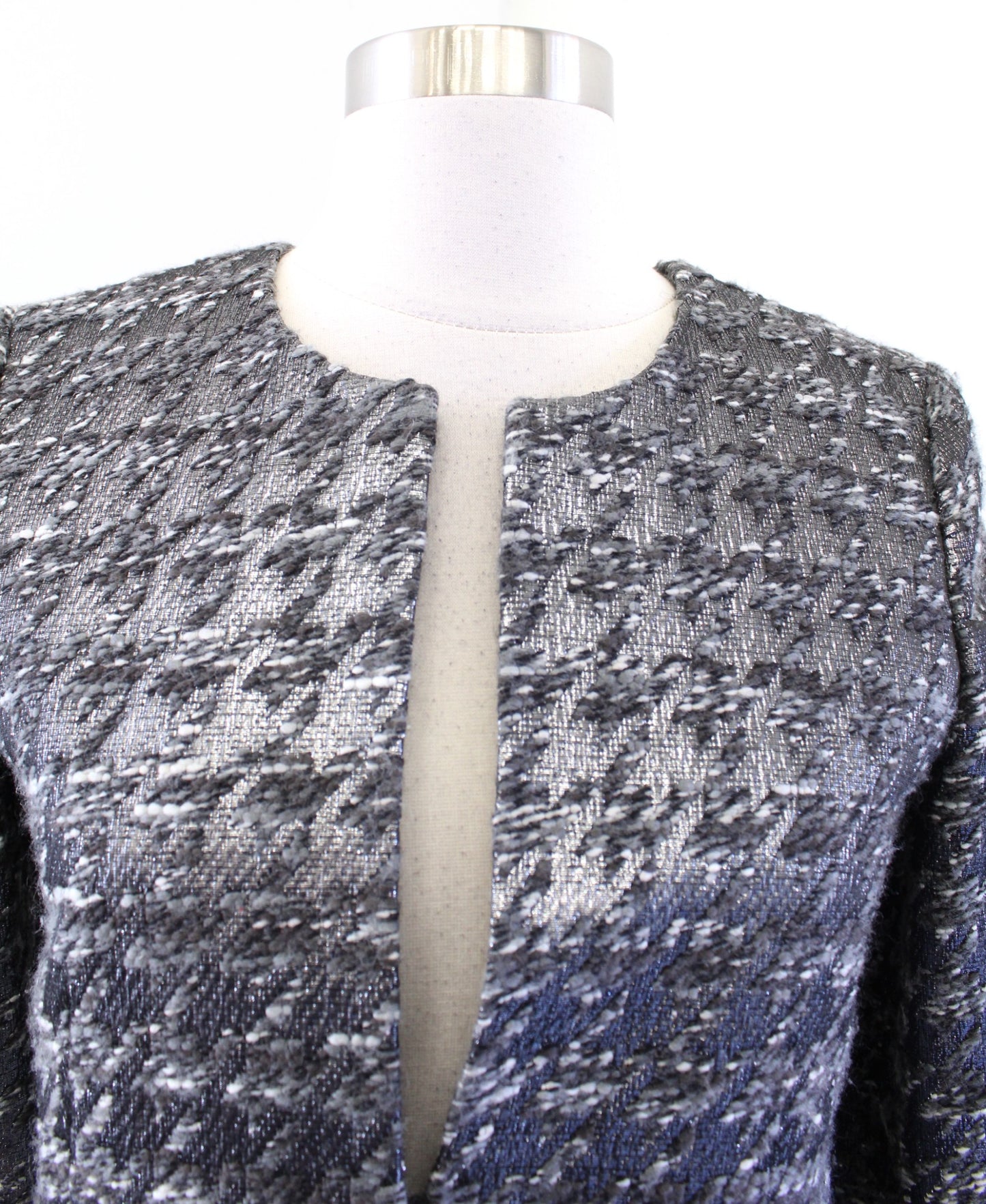 J Crew Collection Gray Silver Metallic Houndstooth Tweed Blazer Jacket Wool Sz 2