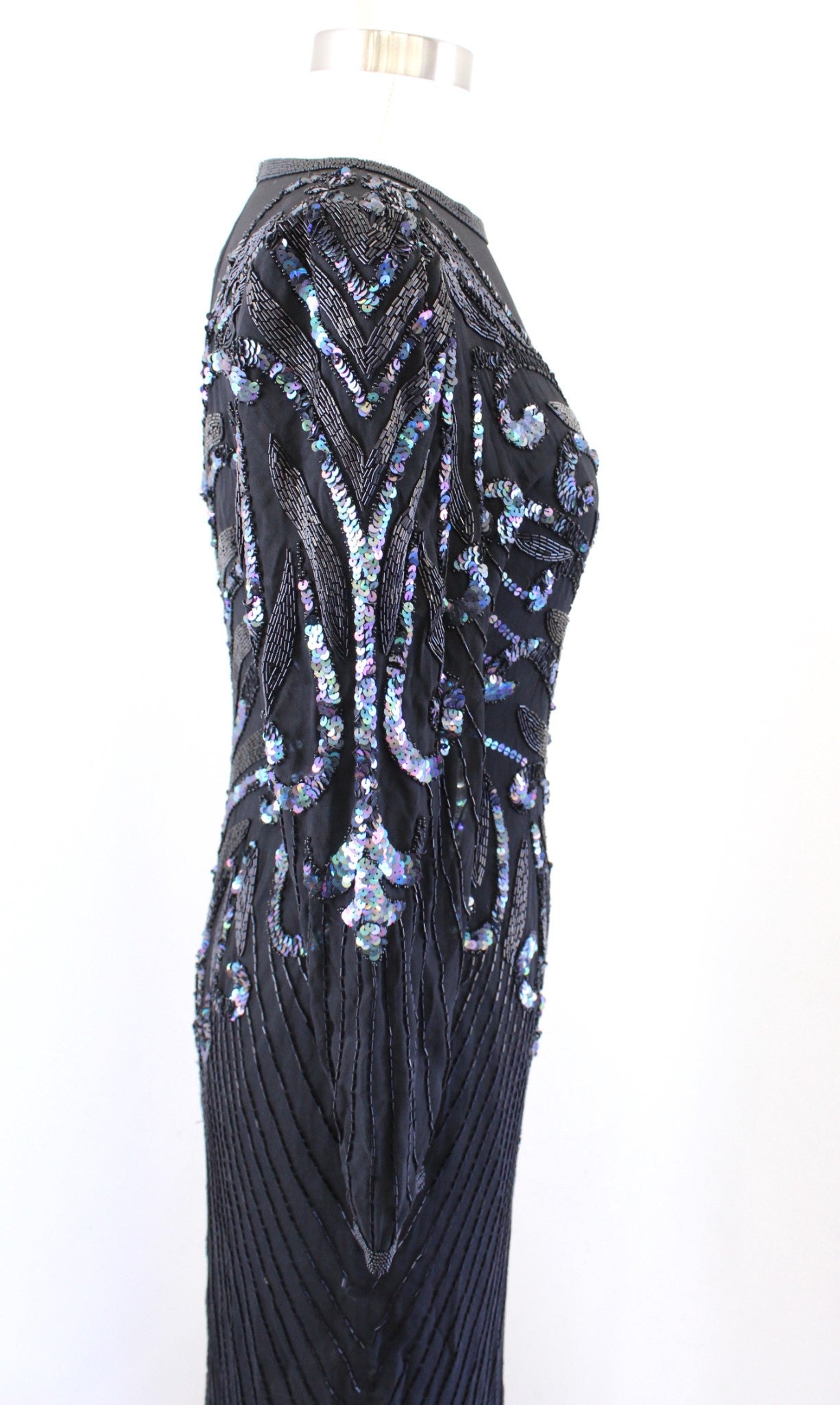 Vtg 80s 90s Black Iridescent Silk Beaded Sequin Cocktail Party Evening Dress 2P