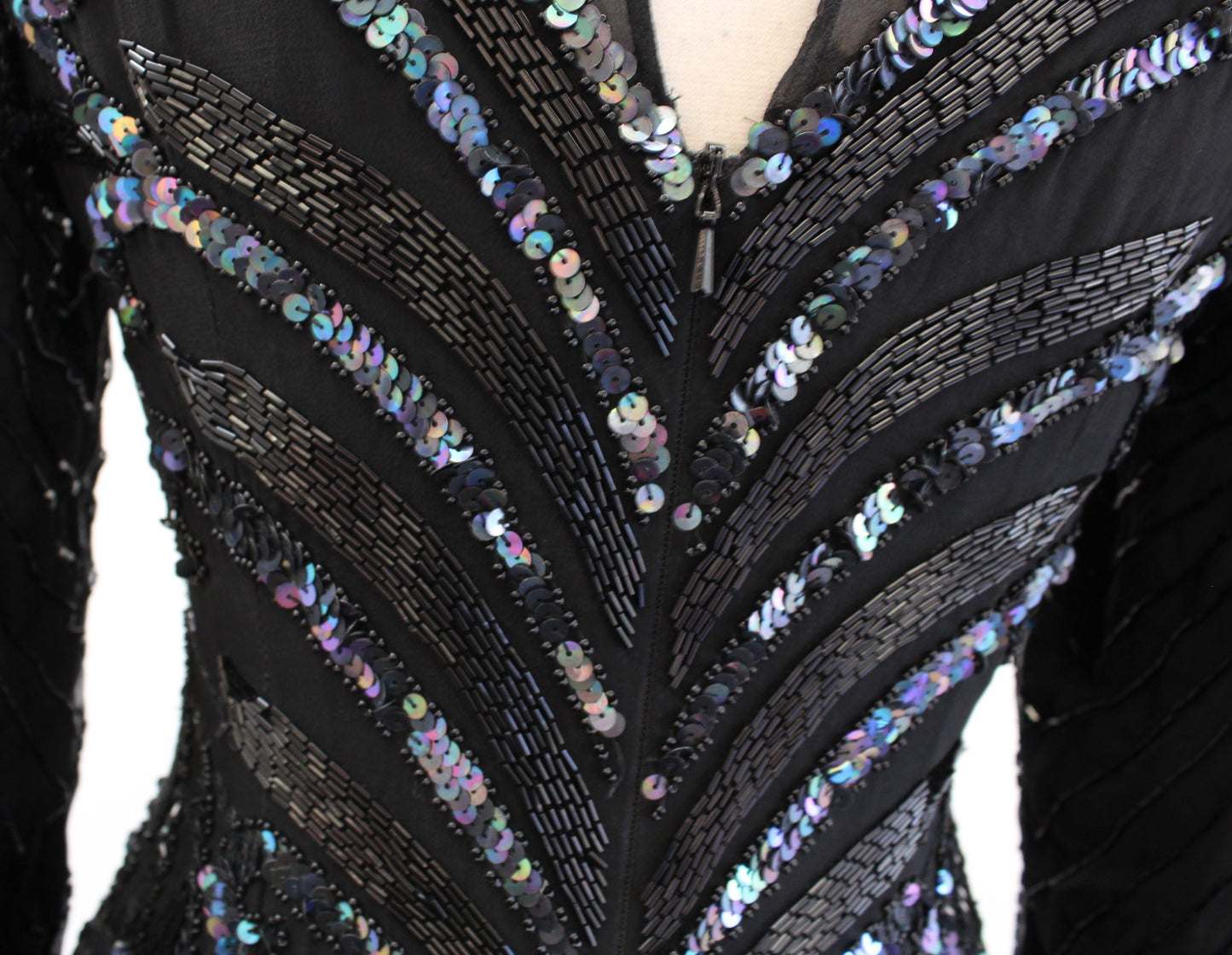 Vtg 80s 90s Black Iridescent Silk Beaded Sequin Cocktail Party Evening Dress 2P