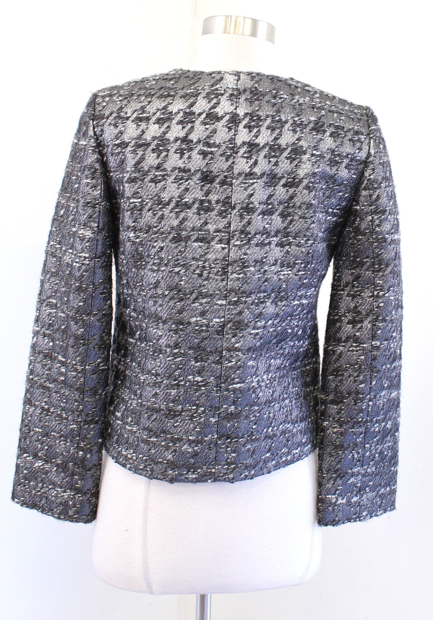 J Crew Collection Gray Silver Metallic Houndstooth Tweed Blazer Jacket Wool Sz 2