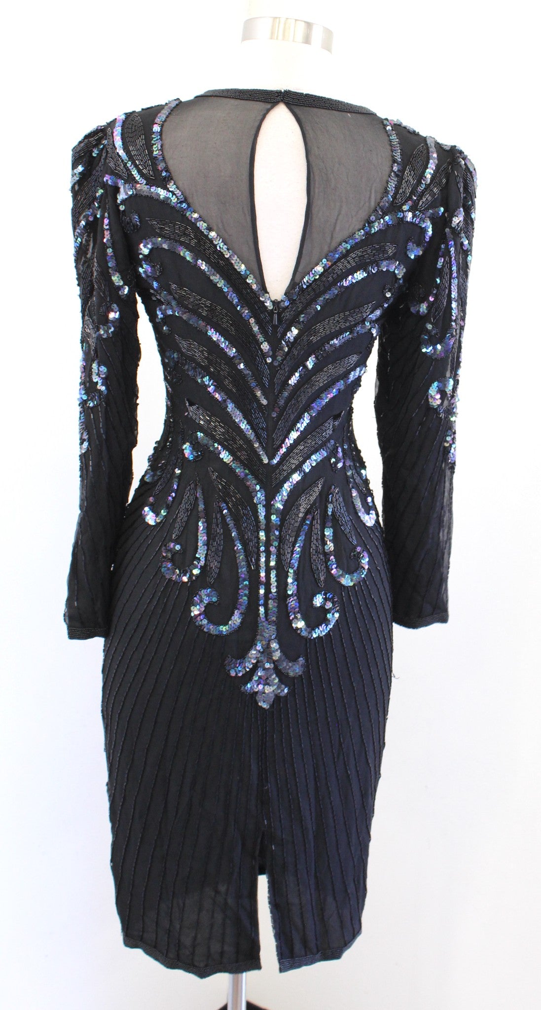 Vtg 80s 90s Black Iridescent Silk Beaded Sequin Cocktail Party Evening Dress 2P