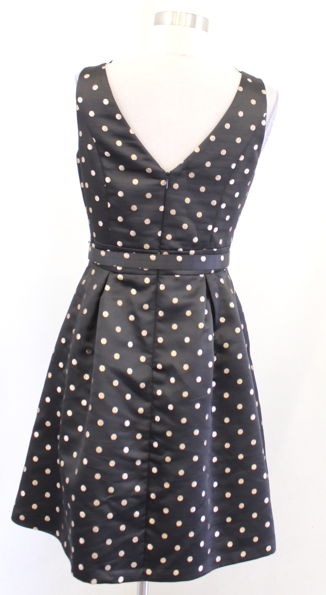 White House Black Market Metallic Gold Polka Dot Belted Fit and Flare Dress Sz 2