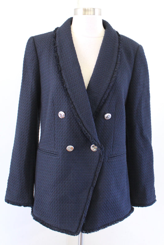 Ann Taylor Navy Blue Black Fringe Trim Double Breasted Blazer Jacket Size 12P