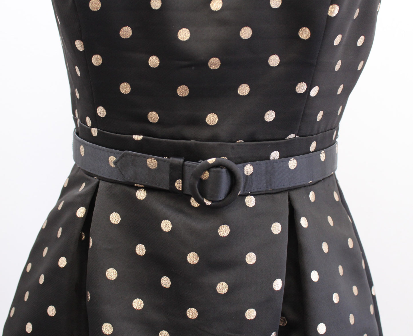 White House Black Market Metallic Gold Polka Dot Belted Fit and Flare Dress Sz 2