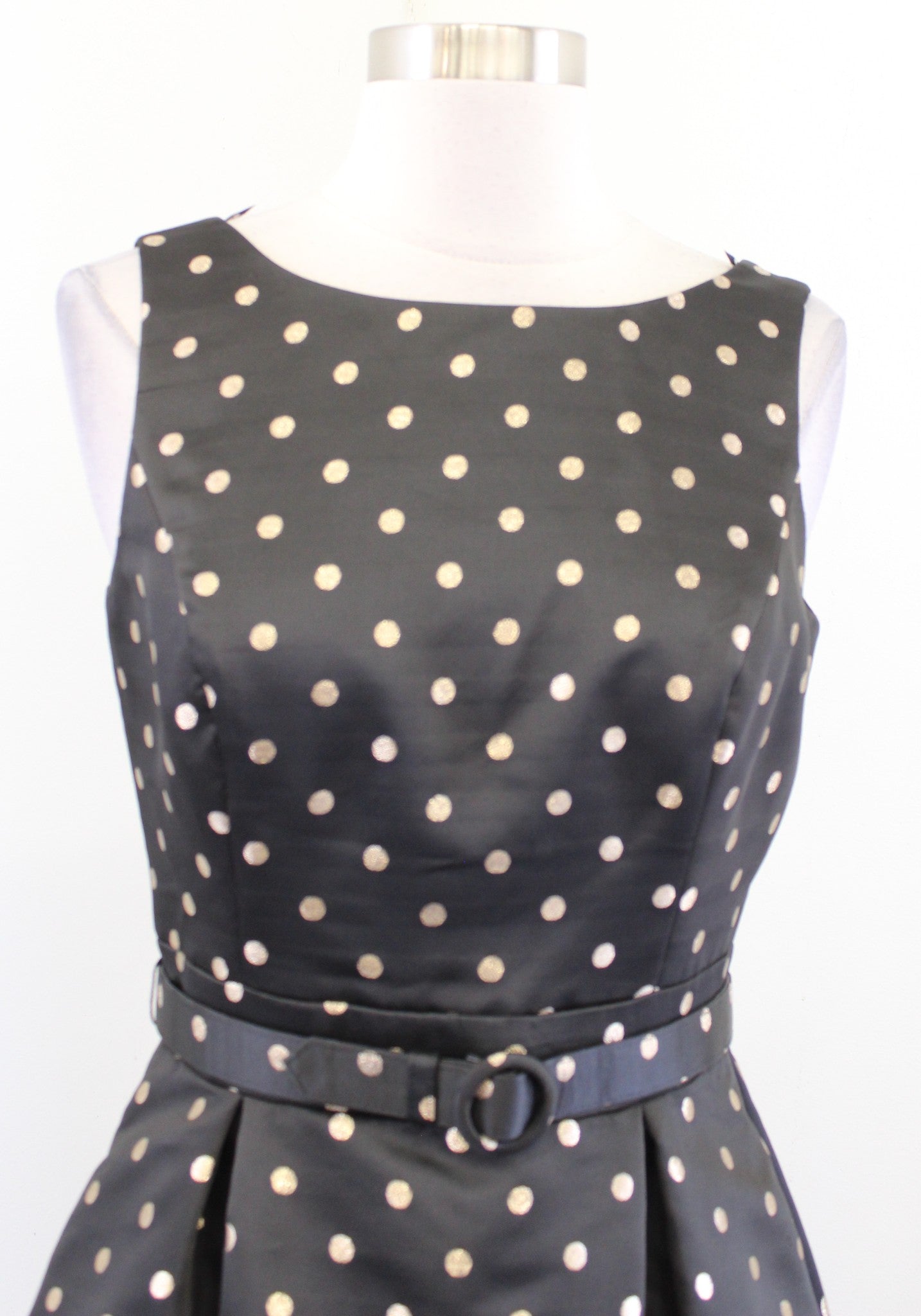 White House Black Market Metallic Gold Polka Dot Belted Fit and Flare Dress Sz 2
